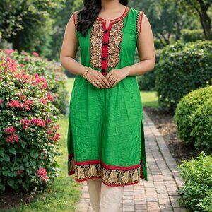 Green Embroidered Kurti | Indian Tunic Top | Indo Western Ethnic Kurta